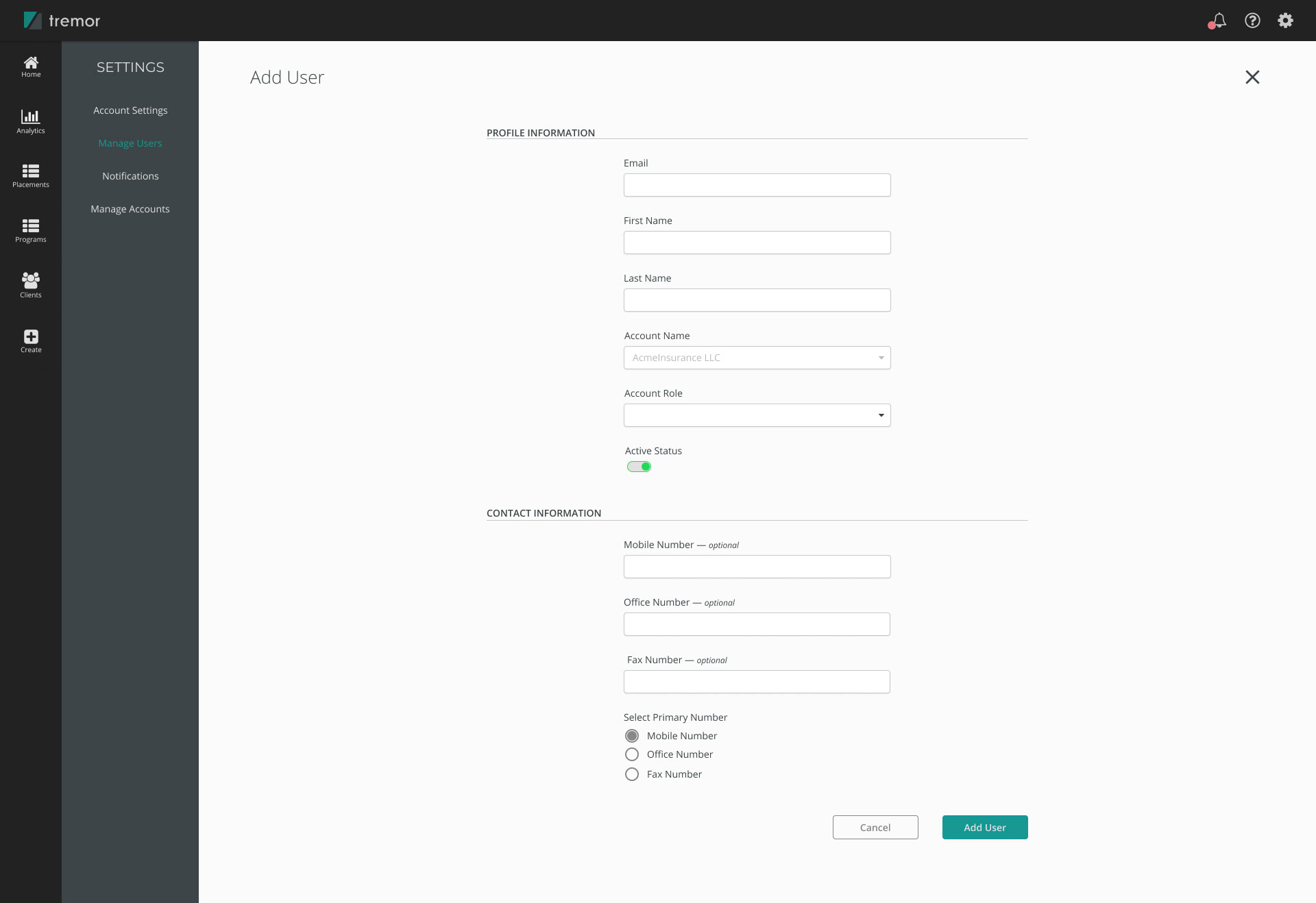 Tremor Admin UI Add User Form Layout