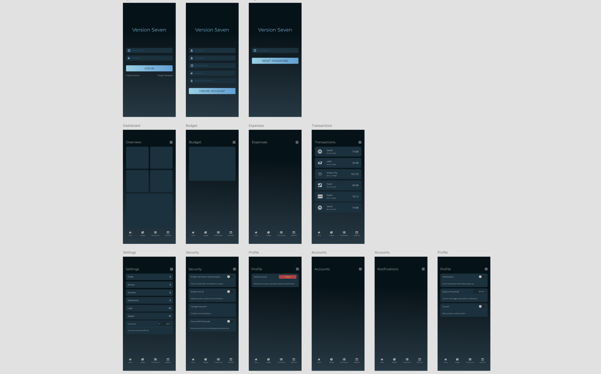 Full Figma screen map of the early mobile finance app concept